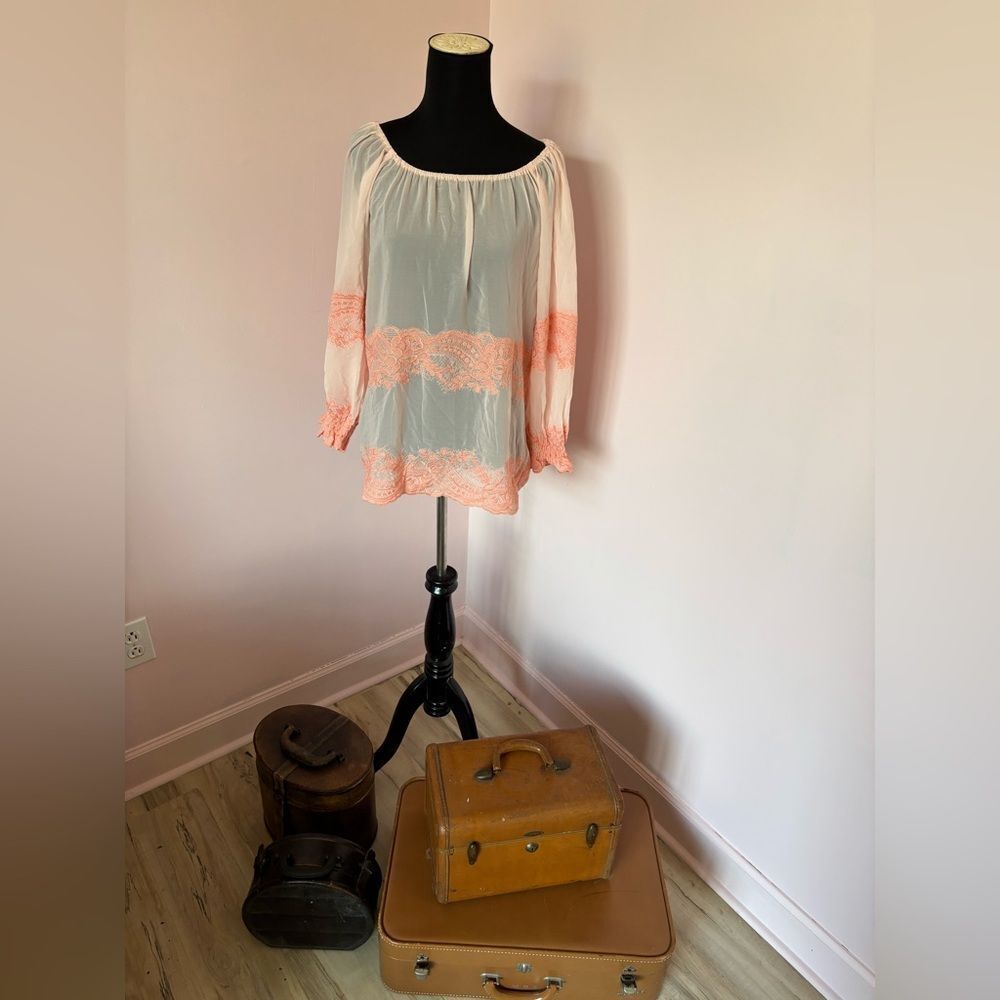 Freeway Peach Sheer and Lace Blouse